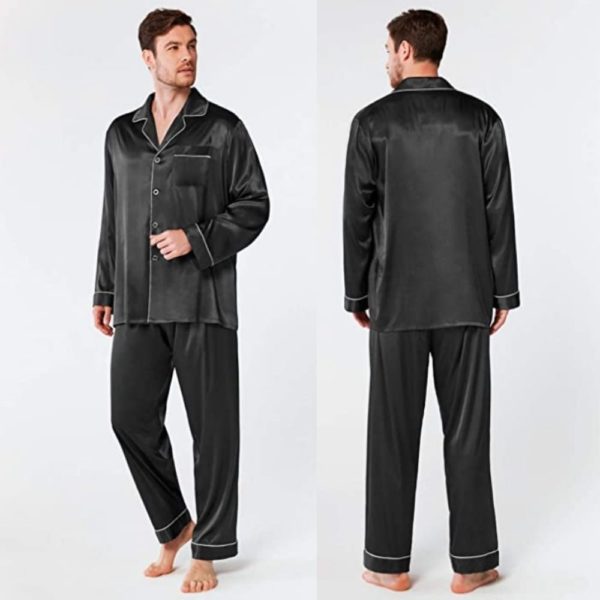 black satin silk long sleeve pyjamas for men