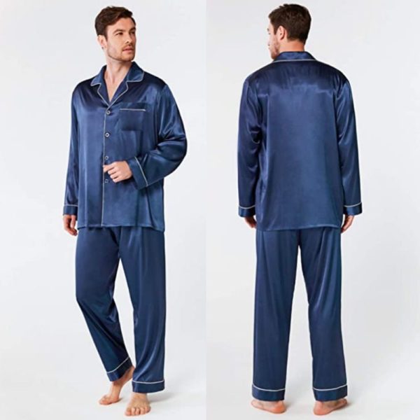 blue satin silk long sleeve pyjamas for men